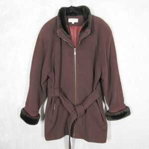 Jonathan Michael Womens 6 Vintage Wool Blend Faux Fur Trim Belted Coat Brown
